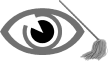 Clip-art of a dark grey-shaded eyeball, holding a glowing orange mop